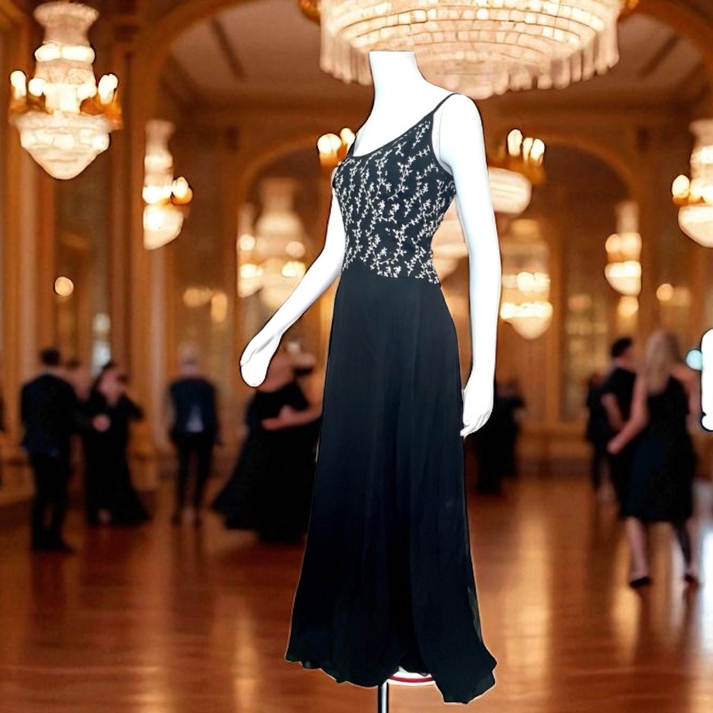 Tiffany Design Silk Vintage 1990’s Leaf Vine Black Gown Dress
